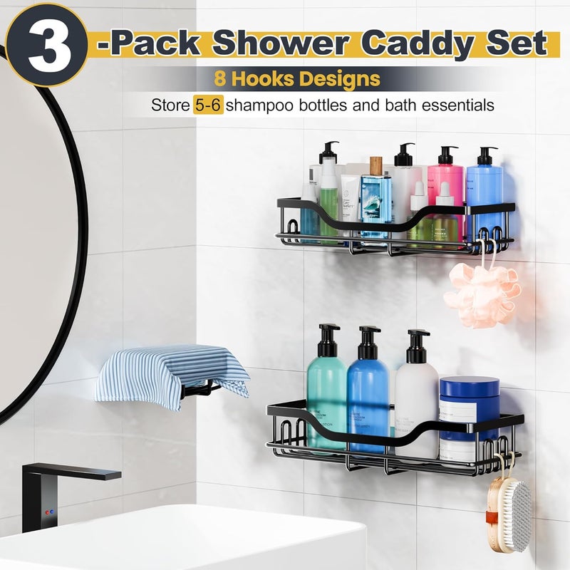 OMAIRA 3-Pack Shower Caddy with Soap Holder, Adhesive Rustproof No-drill Strudy Loading Inside Shower Organizer Shelves Rack Storage Bathroom Organization for Smooth Wall Glass Tile, Black (Large) - Image 2